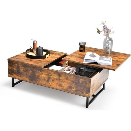 COSTWAY Table Basse Industrielle avec Plateau Relevable 110x60x38CM Table de Salon avec