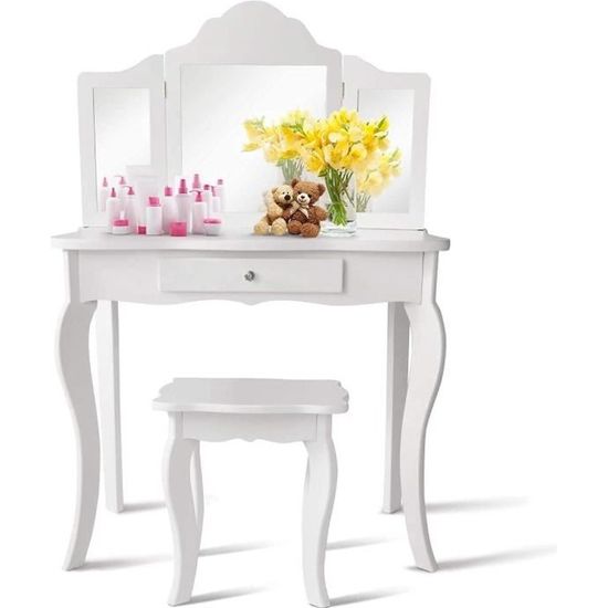 Coiffeuse Et Bureau 2-en-1 Pour Fille 3-7 Ans - Miroir Acrylique 3 Panneaux, Tiroir, Tabouret Inclus | Rose Et Blanc, MDF, Dimensions 66x42x100 Cm