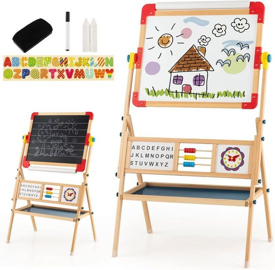 Chevalet Enfant Double Face Magnétique Vert – Tableau Blanc/Noir Rotatif 360°, Hauteur Réglable, Chevalet Peinture Avec Rangement 3+ Ans