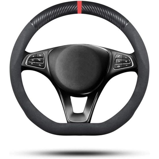 Ergocar Couvre Volant Forme D Suède Microfibre – Antidérapant, Chaud Hiver, Respirant Été, Diamètre 38 Cm (Noir/Rouge)