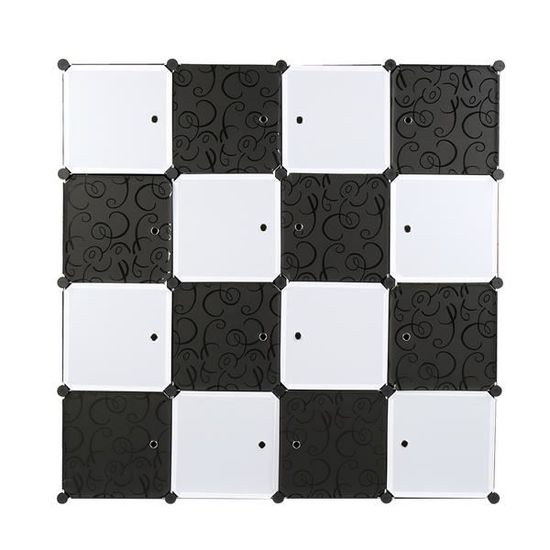 16 Cubes Armoire Portable DIY, Penderie avec Portes, 3Tige Suspendue, Construction Solide pour Vêtements, Noir et Blanc