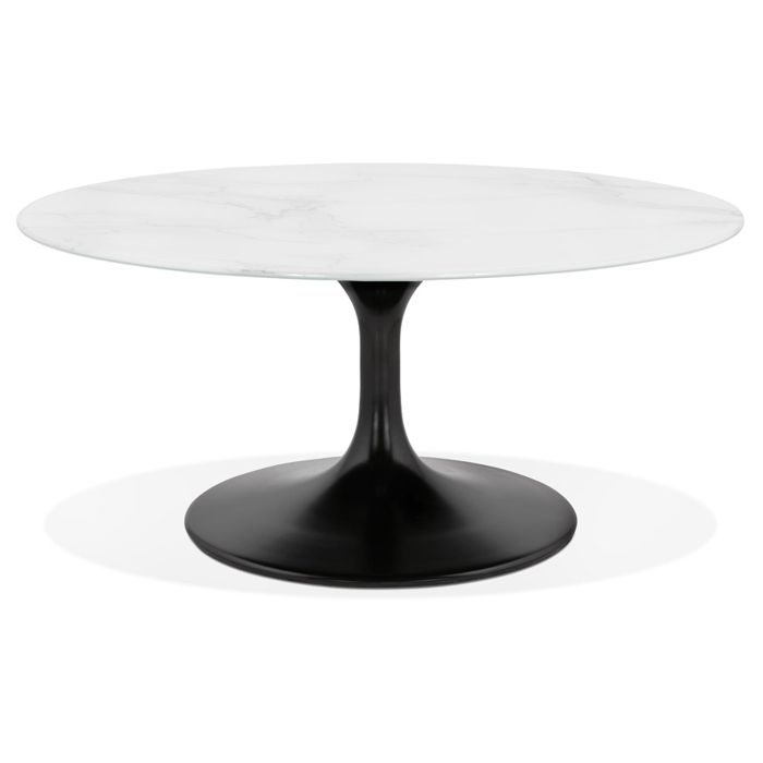 Table basse de salon ronde 'GOST MINI' en verre blanc effet marbre et pied central noir
