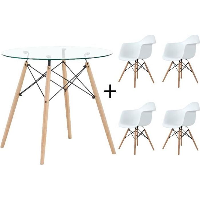 DORAFAIR Complet Verre Table et 4 chaise De Couleur Blanc Design Scandinave