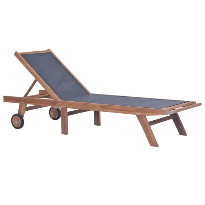 CESAR Chaise longue pliable avec roulettes Teck massif et textilène