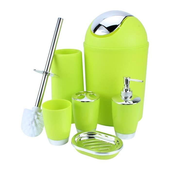 6pcs accessoires de salle de bain vert comprend distributeur de savon, brosse de WC et poubelle -LTP