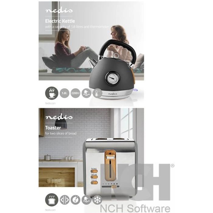 PACK Petit Déjeuner BOUILLOIRE Design + GRILL PAIN Soft Touch doux 2 Emplacements Thermostat réglable: 6 Fonction GRIS