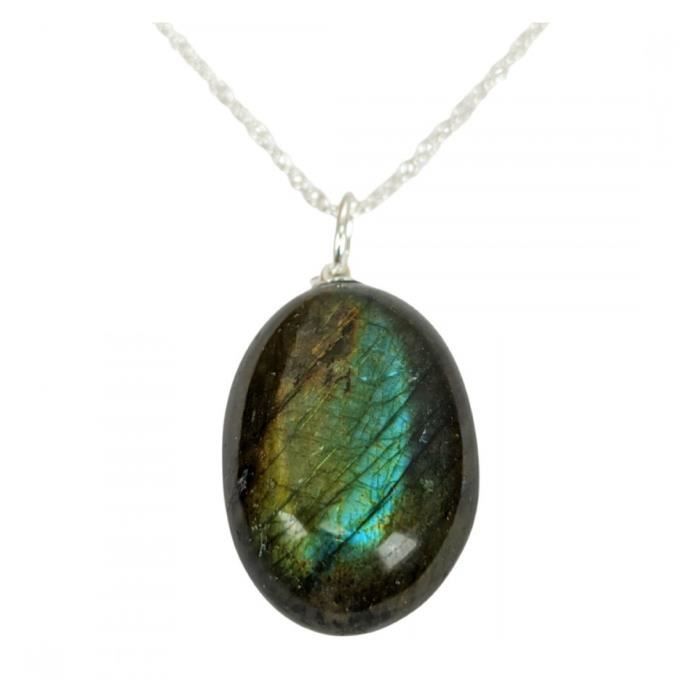 Collier Labradorite de Madagascar AAA pendentif pierre roulée + chaîne Multicolore