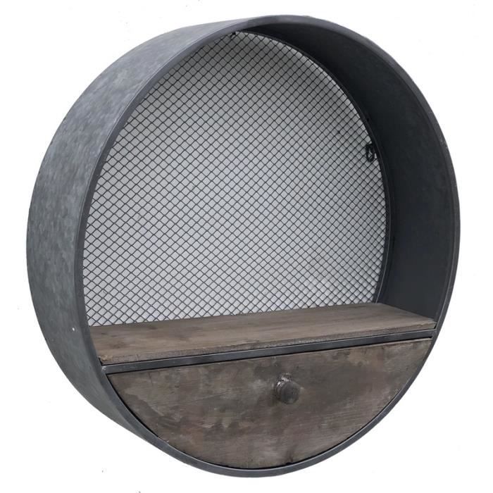 Etagère Murale Ronde Industrielle Tiroir Bois Zinc ø59 cm 14446-etagere