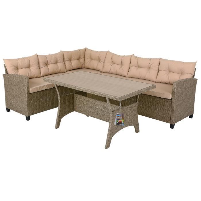 Salon de Jardin d'angle Lounge en Polyrotin - Canapé d'angle et Table Haute - 6 Places assises - Confort - Couleur Gris/Beige