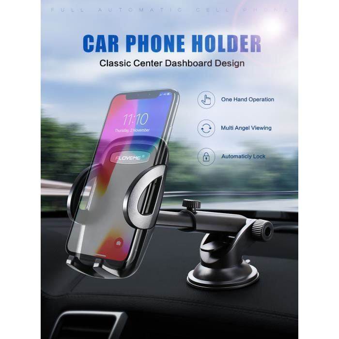 Support Téléphone Voiture, Rotation 360 ° Porte Téléphone Voiture Ventouse avec Bras Réglable, Déverrouillage à Un Bouton