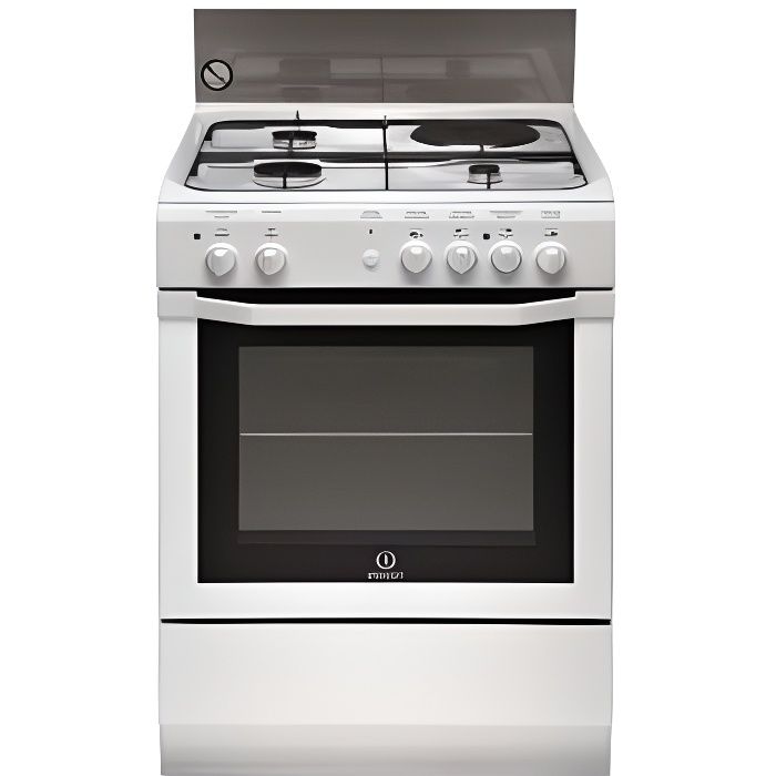 INDESIT Cuisinière, Blanc, Table Mixte, 90 cm, 4 zones de cuisson, Manettes, Al
