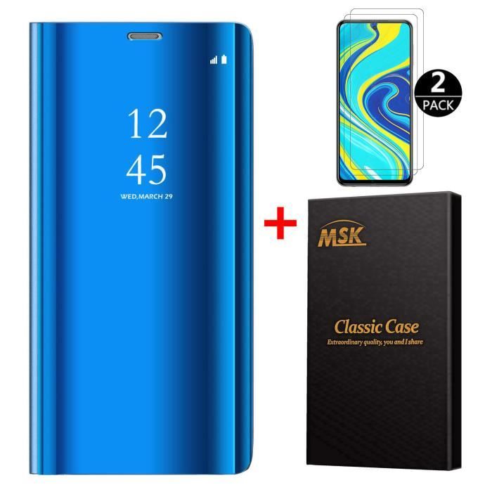 Coque Xiaomi Redmi Note 9S + [2 Pack] Verre trempé, Miroir Case Avec Stand Flip Protection Pour Xiaomi Redmi Note 9S - Bleu