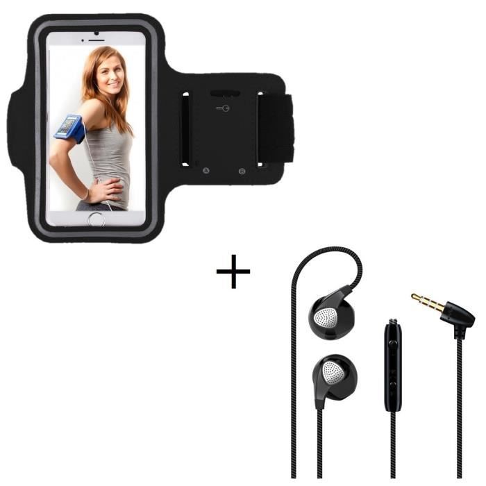 Pack Sport pour ASUS ZenFone AR Smartphone (Brassard de Sport + Ecouteurs Plat avec micro) Courir T7 - Couleur:NOIR
