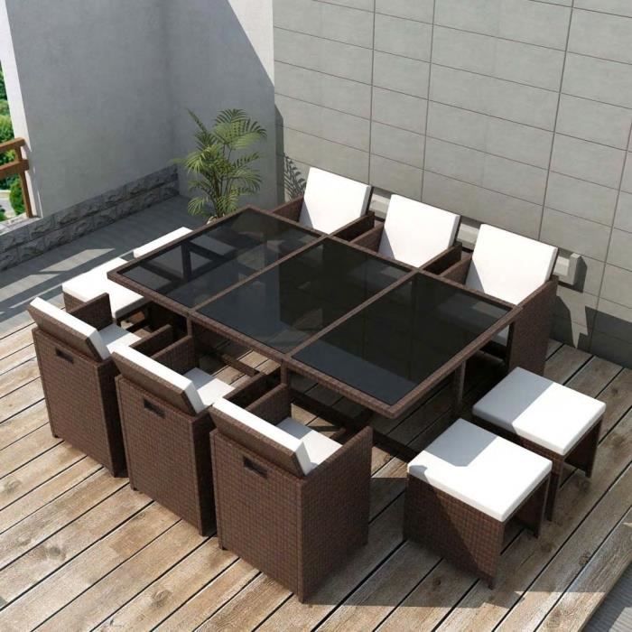Salon de jardin encastrable 11 pcs avec coussins Rotin Marron