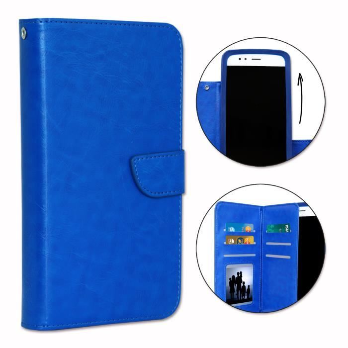 Etui housse folio pour Wiko Pulp format portefeuille en éco-cuir bleu avec double clapet intérieur porte cartes, fermeture
