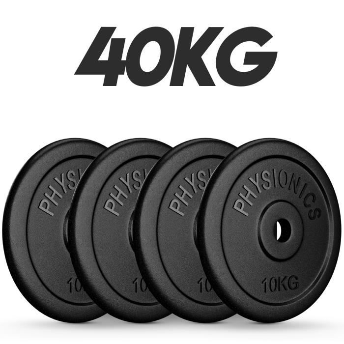 Physionics® Set de Disques de Poids - 4x10 kg, en Fonte, Ø30mm, pour Barre Longue/Courte - Ensemble de Plaques de Poids, Musculation