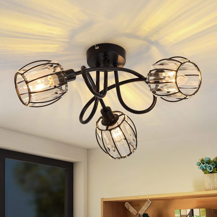 Spot de plafond - NETTLIFE - Spot 3 flammes - Noir - Métal - Abat-jour cristal orientable 350°