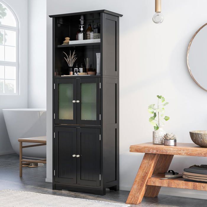 COSTWAY Colonne Salle de Bain avec 4 Portes 2 Compartiments Ouverts Armoire Salle de Bain Étagères Réglables 60x30x163 cm Noir