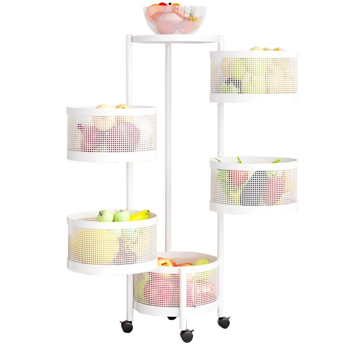 Desserte de cuisine à roulettes à 5 niveaux - desserte à roulettes 5 étages-Chariot en métal-Panier tournant Rond blanc 30x30x90cm