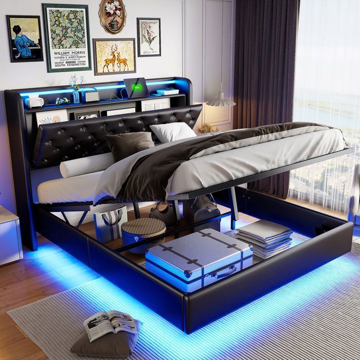 140x200 cm lit double coffre en cuir artificiel noir cadre de lit avec LED charge USB et stockage hydraulique sans matelas