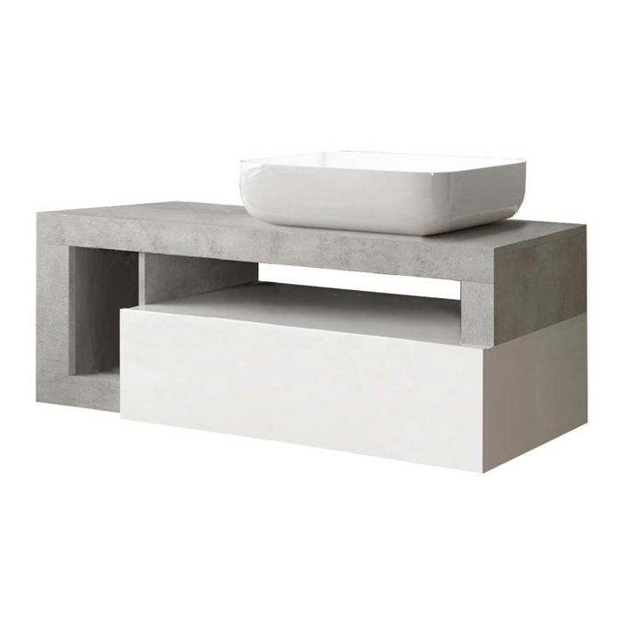 ARTURO - Meuble Vasque 110cm suspendu 1 tiroirs blanc laqué et aspect aspect béton ARTURO - Meuble Vasque 110cm suspendu 1 tiroirs blanc laqué et aspect aspect béton