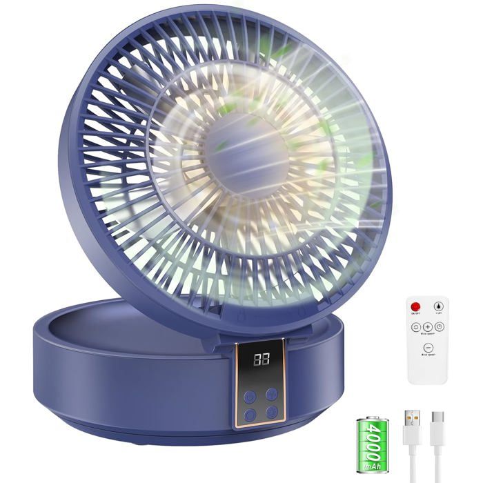 ®RisingFF Ventilateur de table portable batterie 4000mAh rotatif à 120° avec LED télécommande minuterie 3 vitesses - Risingff