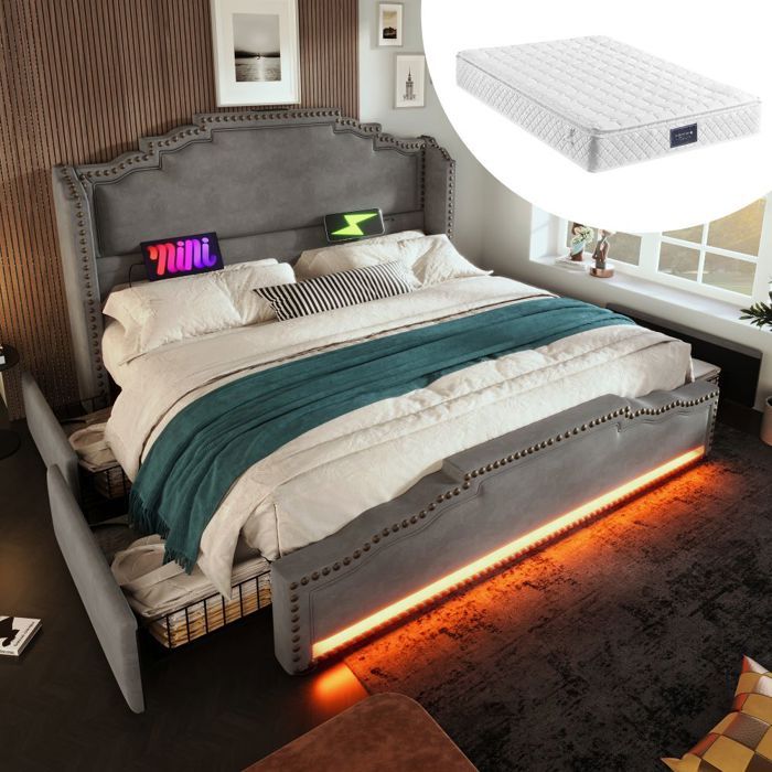 Lit double Lit coffre 140x200 velours gris 4 tiroirs LED + USB-C sommier lattes double jeune- Avec Matelas Lit double Lit coffre 140x200 velours gris 4 tiroirs LED + USB-C sommier lattes double jeune- Avec Matelas
