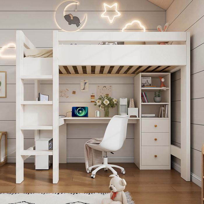Lit mezzanine enfant 90x200 cm blanc avec bureau en L étagères tiroirs et prises USB/Type-C (sans matelas)