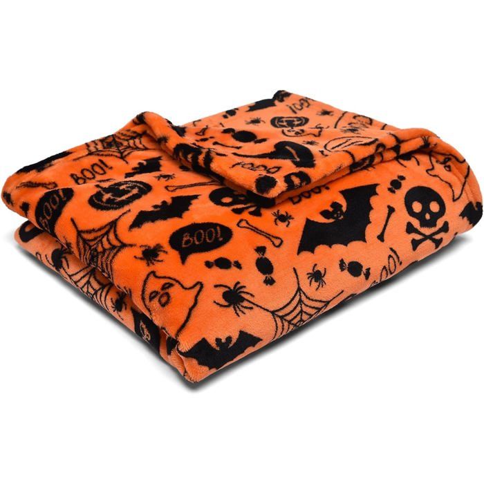 Couverture polaire Halloween (130 x 150 cm) - Couverture orange effrayante avec chauves-souris et crânes