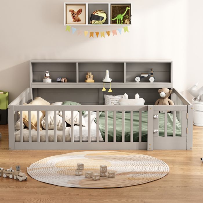 Lit enfant 140*200cm lit au sol avec rangement en tête de lit lit Montessori avec sommier à lattes structure en bois de pin