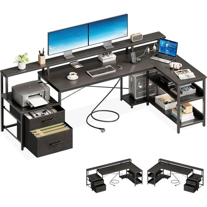 Bureau en L avec Rangement Coleshome Bureau dAngle Réversibl Prise USB/Courant pour Domicile 189.3x100cm Noir