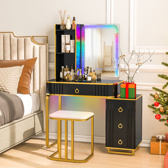 GIANTEX Coiffeuse avec Miroir et Lumières LED Station de Charge 3 Étagères Ouvertes 4 Tiroirs 80x40x137cm Noir GIANTEX Coiffeuse avec Miroir et Lumières LED Station de Charge 3 Étagères Ouvertes 4 Tiroirs 80x40x137cm Noir