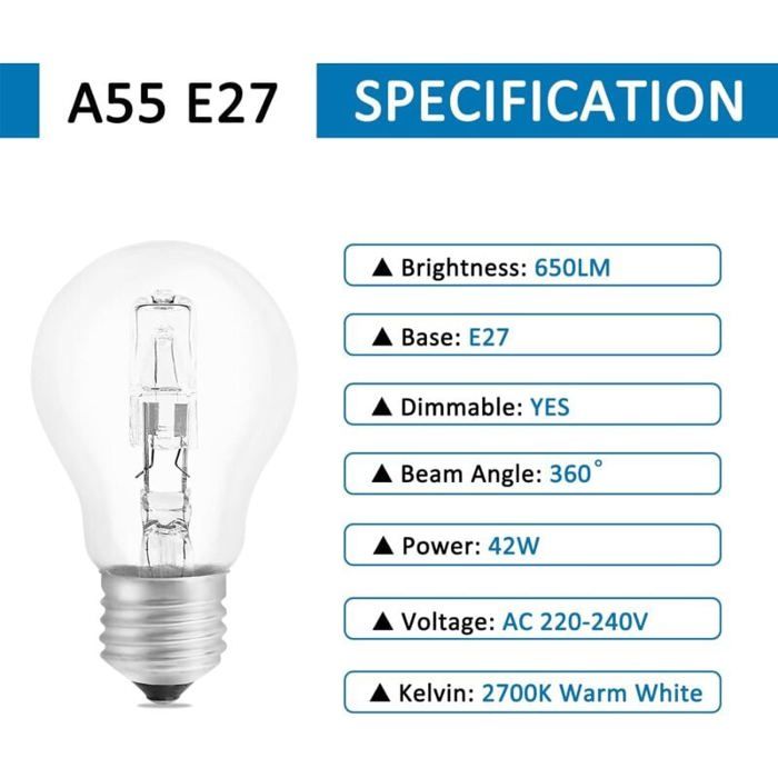Ampoule halogène E27 dimmable - MICH - 42W - 650LM - Blanc chaud 2700K - Transparent - Lot de 5 - Angle de faisceau 360°