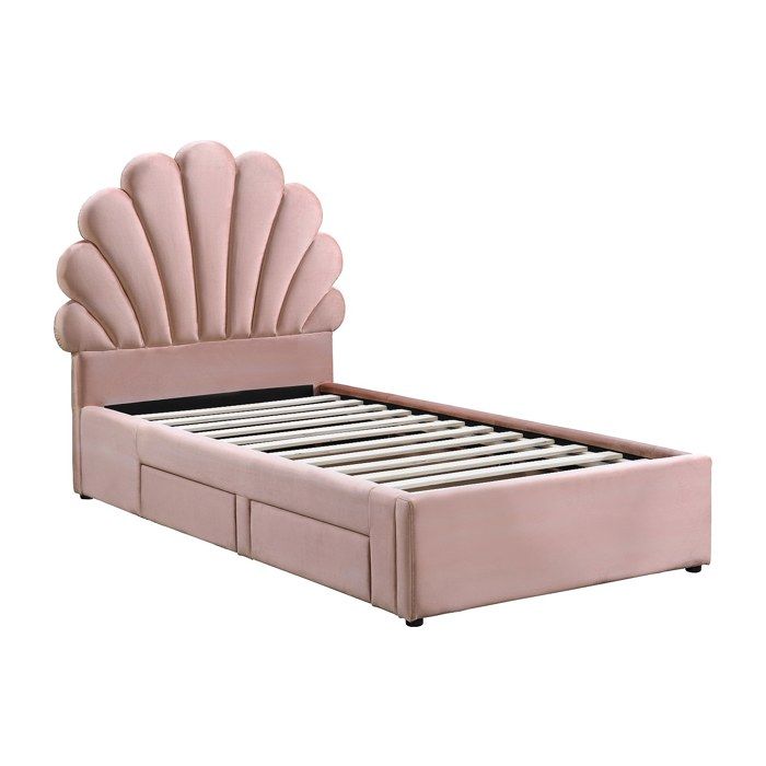 Lit coquillage 90 x 190 cm avec 2 tiroirs - Velours - Rose - MOANA Lit coquillage 90 x 190 cm avec 2 tiroirs - Velours - Rose - MOANA
