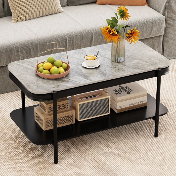 Table Basse Rectangulaire à 2 Niveaux COSTWAY Cadre en Métal Plateau en Pierre Frittée Étagère de Rangement Table de Salon Gris
