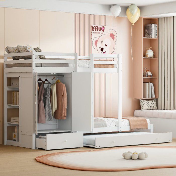Lit superposé en bois massif mesurant 90 x 200 cm avec cadre de lit pliable et armoire blanc.