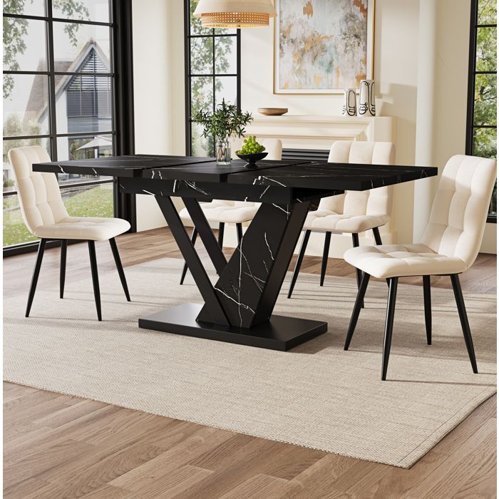 Table à manger extensible noir. rectangle. MDF. pour cuisine et salon. placage en marbre. 120/160×75×75.5 cm