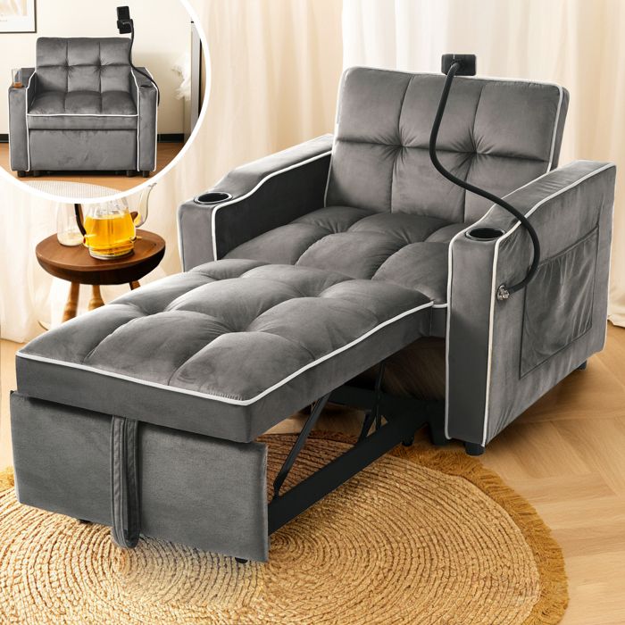 Fauteuil Lit Convertible 1 Place 3 en 1 - Gris Foncé - Canapé Extensible 60 cm Petit Espace Porte-Gobelets