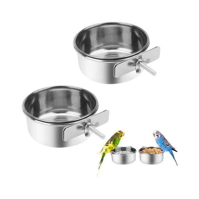 Mangeoire pour perroquets et hamsters - Bol deau en acier inoxydable pour cage à oiseaux avec support à pince - 10 cm - Lot de 2