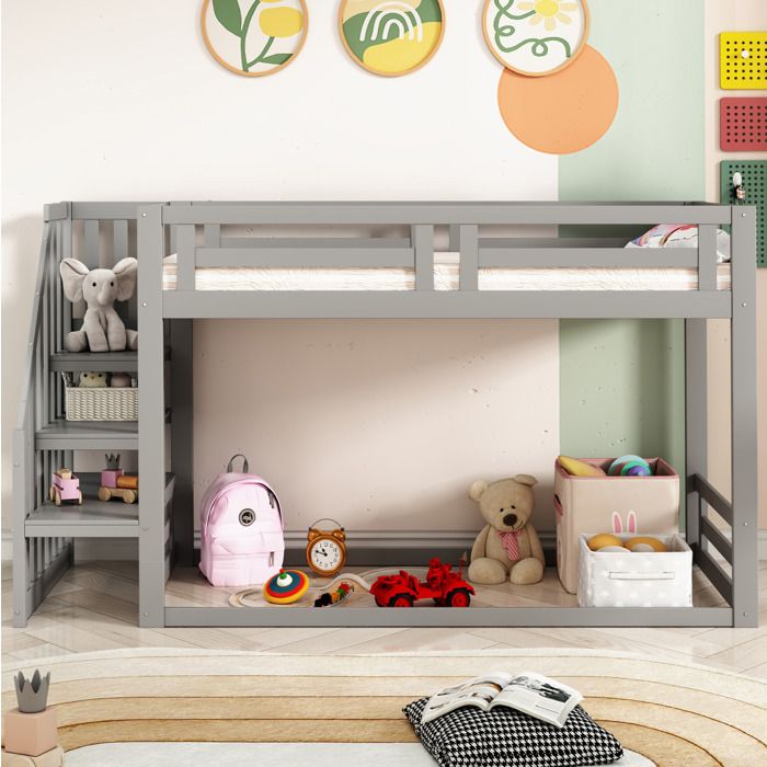 Lit superposé bas 90x200 cm gris style cabane avec rangement échelle et deux sommiers inclus