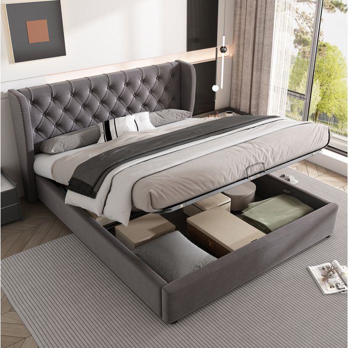 Lit double en velours gris 140 × 190 cm avec coffre et tête de lit rembourrée