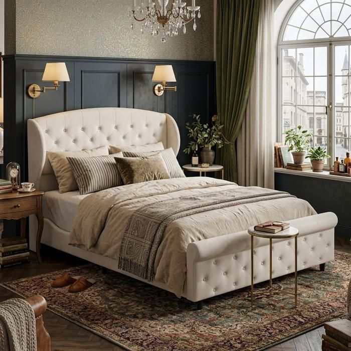 Lit Double Traîneau 140x200cm Blanc Crème - Style Classique Européen - Tissu Velours - Sommier Inclus - Pour Chambre Adulte
