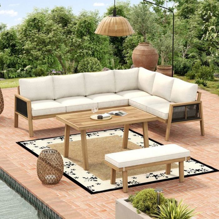 Salon de jardin exterieur - canapé Dangle + table basse - artisanat en corde tressée - adapté au jardin - nature + crème