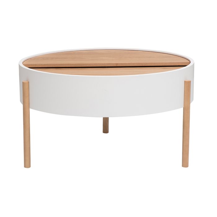 Miliboo - Table basse ronde blanche et bois clair frêne avec plateau pivotant et rangement D80 cm YOLINE