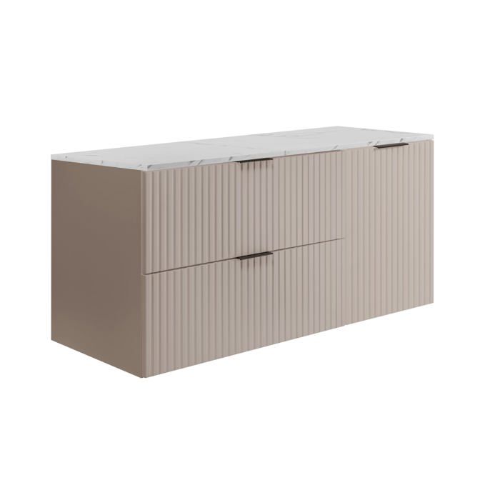 Meuble de salle de bain suspendu - 120×57×46 cm - Cachemire - Plan marbre blanc imprimé - 2 tiroirs