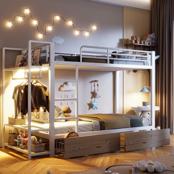Lit Mezzanine 1 Place avec LED et 2 tiroirs Lit Superposé 90x200 avec penderie et plusieurs étagères Fer Blanc(Sans Matelas)