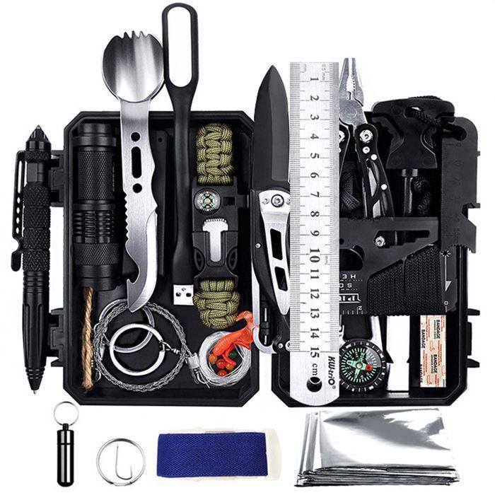 Kit de survie 17 x 10 5 x 5 cm - Gossfen - comprend un bracelet de survie un briquet un sifflet un clip pour bouteille deau et un