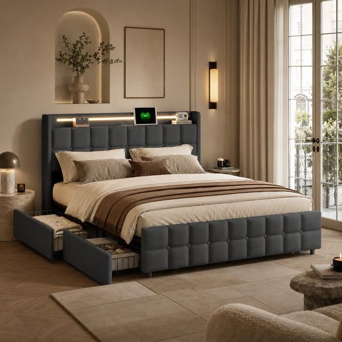 Lit Double Capitonné 160x200 avec 4 Tiroirs Lit Adulte avec LED et USB Sommier à Lattes en Bois Lit Rembourré en Lin Gris