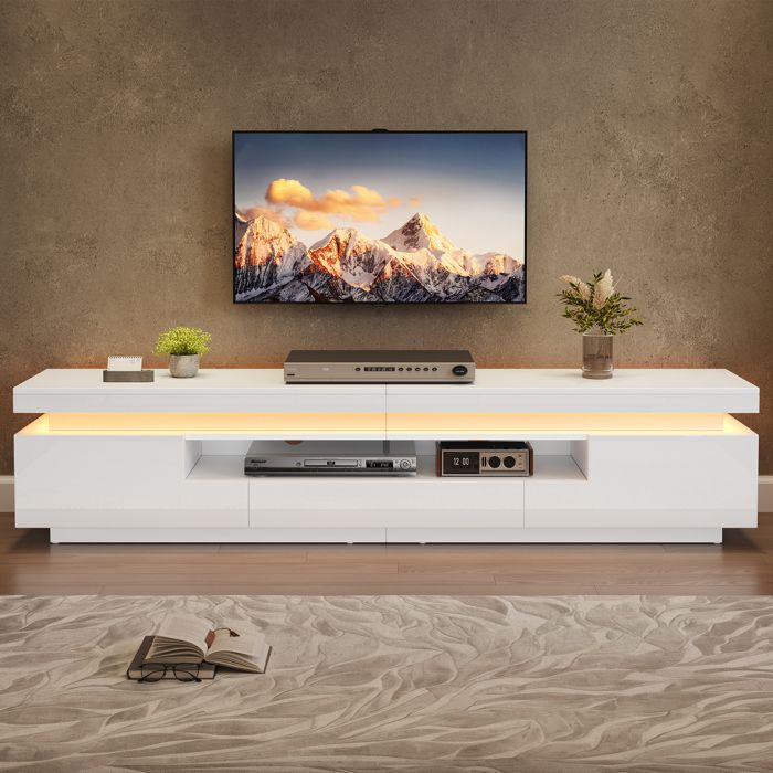 Meuble TV 75 pouces avec LED banc TV 175 cm blanc brillant meuble de salon moderne sur pied avec rangements 175x38x45 cm