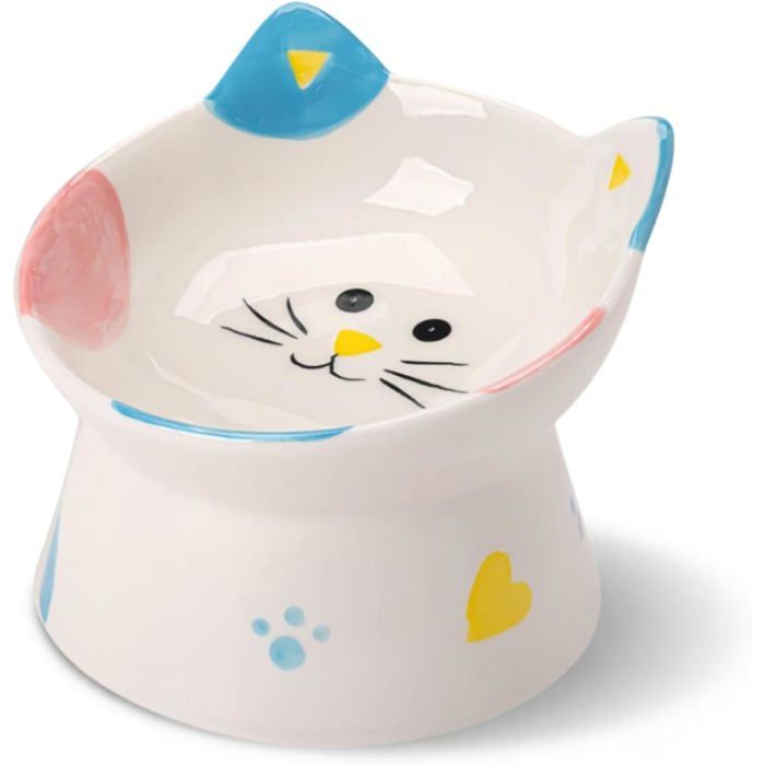 Mangeoire surélevée en céramique pour chat avec support incliné protection du cou pour animaux de compagnie inclinée à 15°blanc bleu